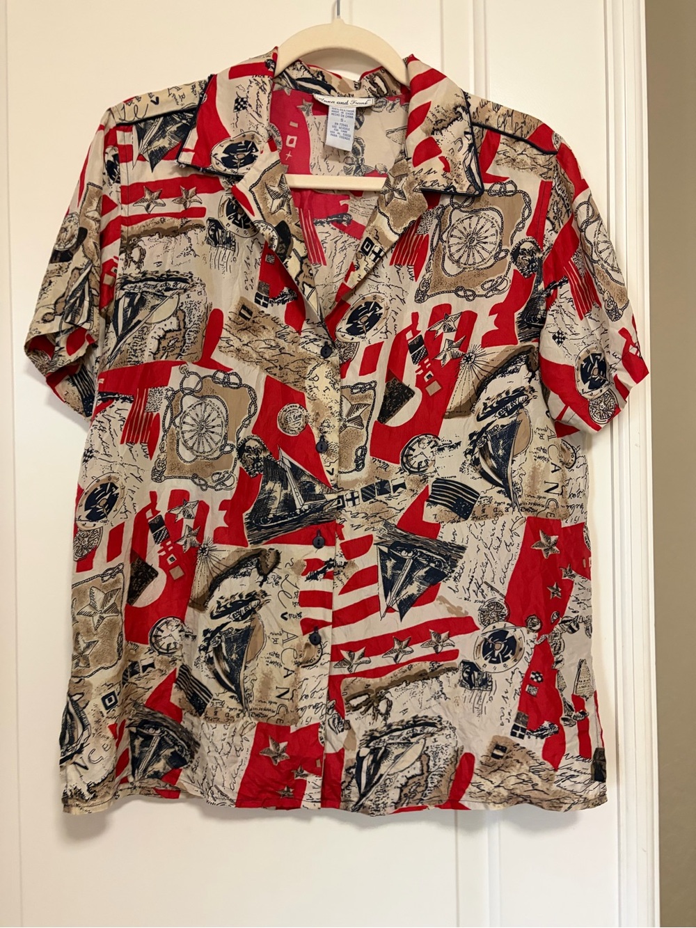 ⚓️⛵️Vintage 100% Silk ⚓️⛵️Anna And Frank Nautical Print S/S Button-Down blouse
